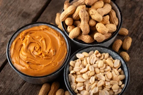 An arrangement of peanuts and various peanut products