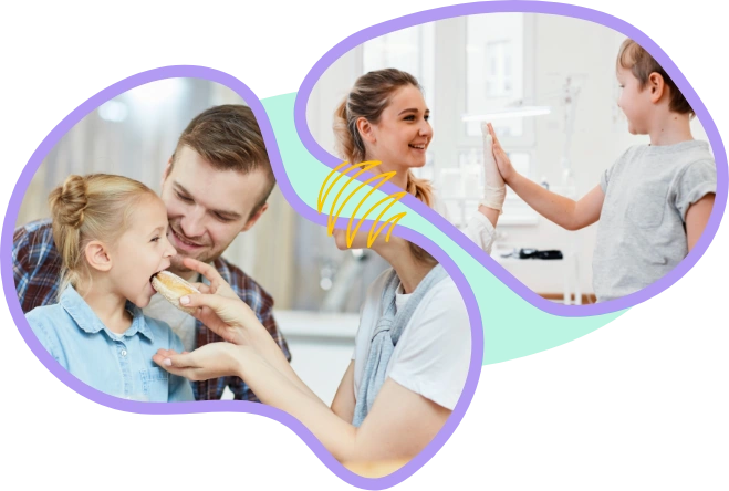 Two parents feed their child, and another child high fives a doctor